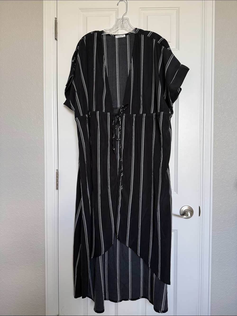 Striped Black High-Low V-Neck Drawstring Women’s Swim Cover